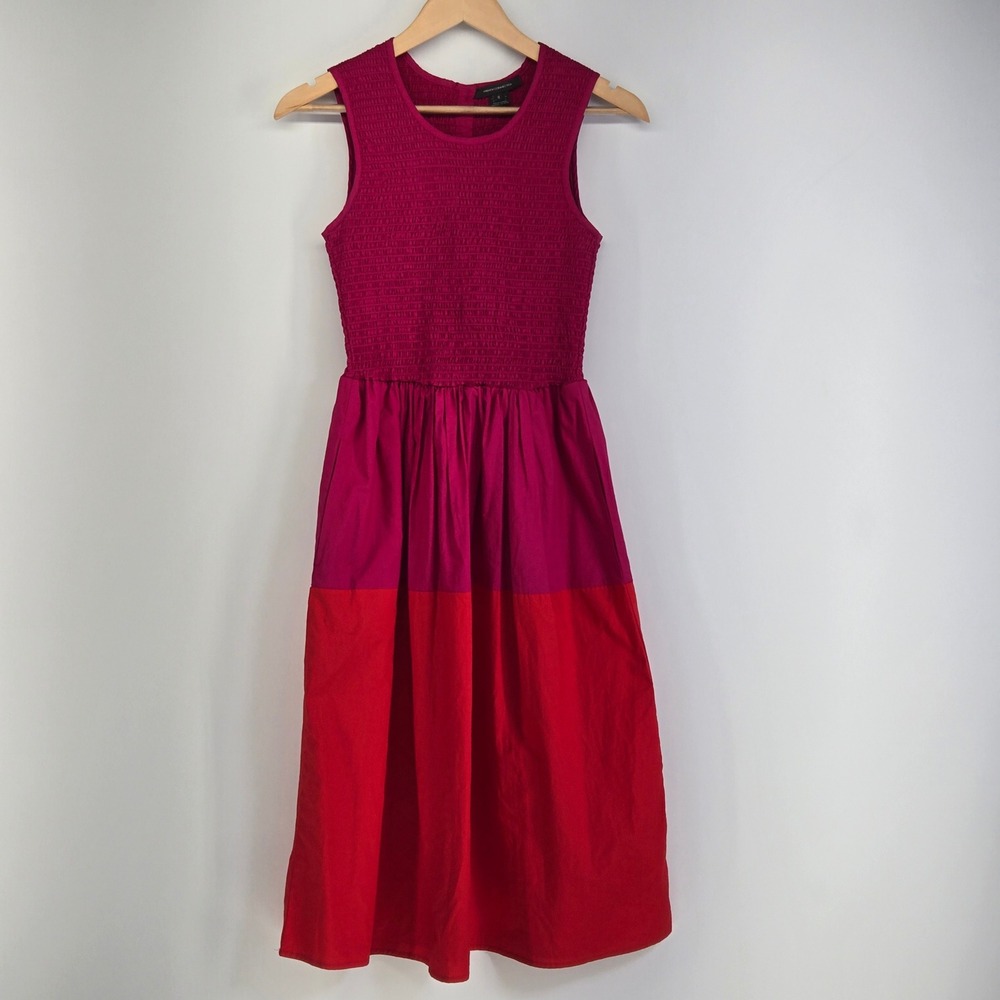 French Connection Dress Womens 0 Pink Red Smocked Colorblock Midi Sleeveless